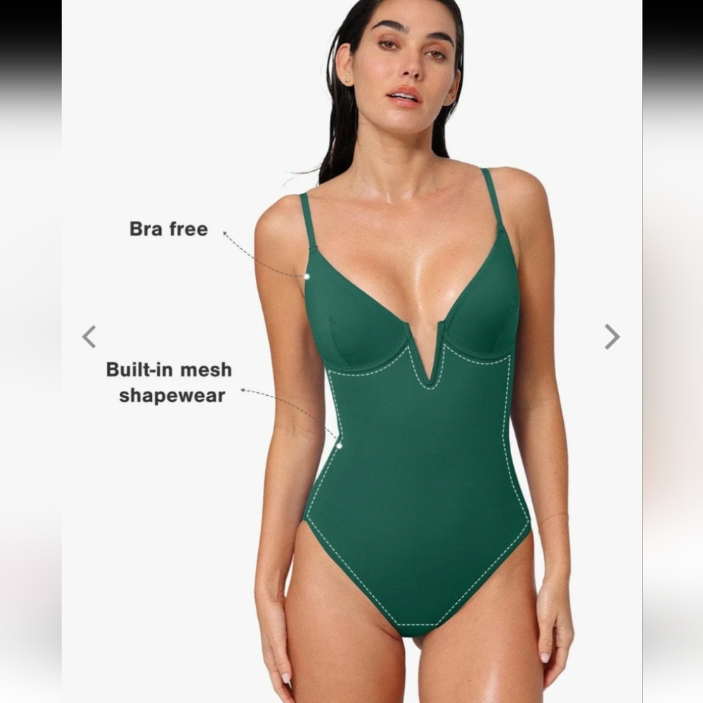 NWT Popilush Swimsuit Deep V Green One Piece shapewear Size XXL - Picture 3 of 7